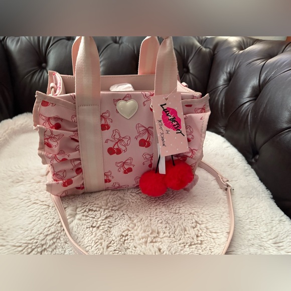 Betsey Johnson Luv NWT Canvas Pink Cherry Tote w/ Charm - Picture 3 of 4